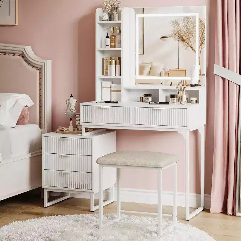 Coiffeuse de Maquillage avec Miroir et Lumières, Table de Coiffeuse avec 5 Tiroirs, Ensemble Coiffeuse avec Tabouret et Armoire de Rangement Latérale Amovible pour Chambre à Coucher