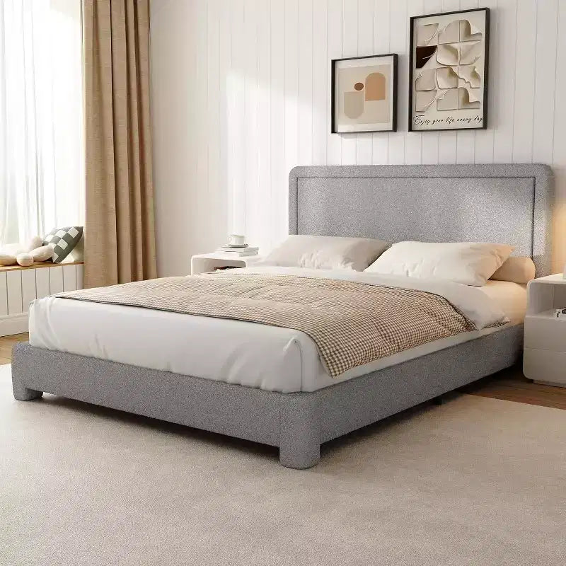 Cadre de lit Boucle, Cadre de lit en tissu Teddy gris rembourré avec tête de lit, Tête de lit réglable, Montage facile