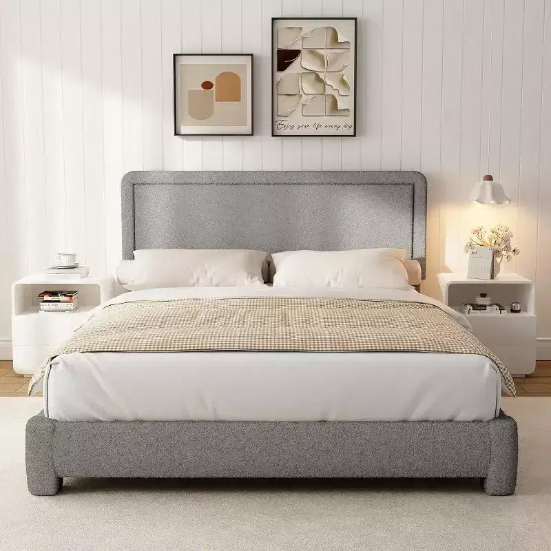 Cadre de lit Boucle, Cadre de lit en tissu Teddy gris rembourré avec tête de lit, Tête de lit réglable, Montage facile