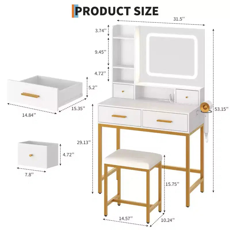 Coiffeuse avec miroir et lumières, 4 tiroirs, 2 étagères, station de charge intégrée, table de maquillage avec tabouret, 3 modes d'éclairage