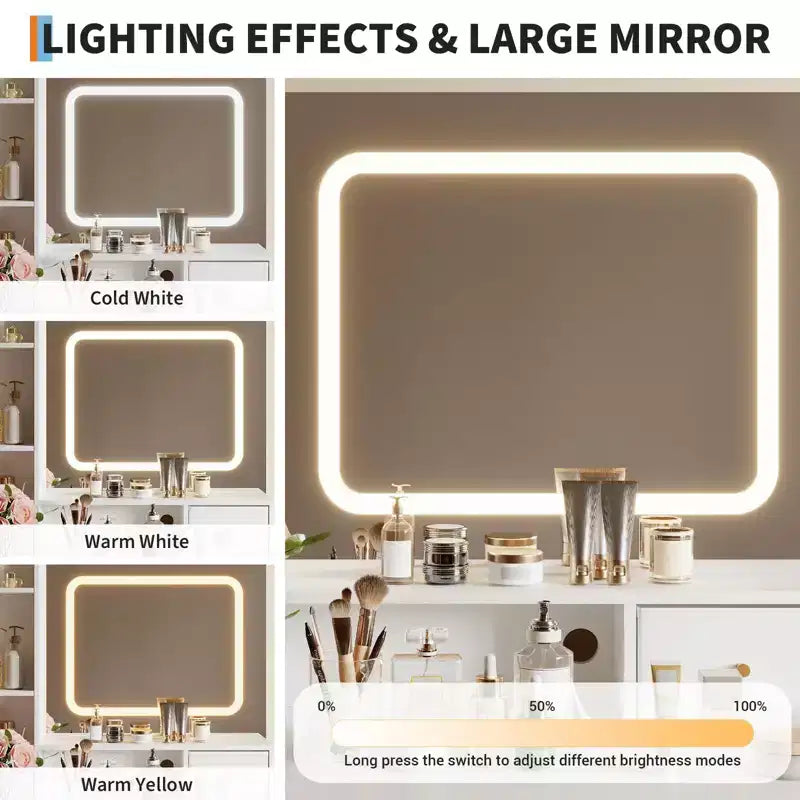 Coiffeuse avec miroir et lumières, 4 tiroirs, 2 étagères, station de charge intégrée, table de maquillage avec tabouret, 3 modes d'éclairage