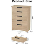 Commode à 5 tiroirs pour chambre à coucher, commode de rangement naturelle avec poignées intégrées, organisateur de tiroirs en bois pour salon, chambre d'enfant, couloir