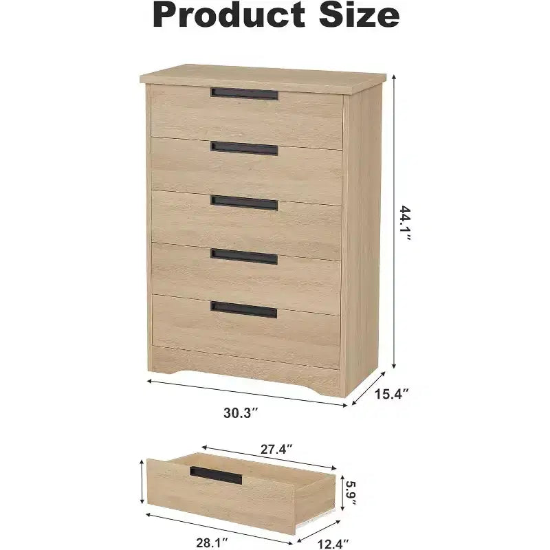 Commode à 5 tiroirs pour chambre à coucher, commode de rangement naturelle avec poignées intégrées, organisateur de tiroirs en bois pour salon, chambre d'enfant, couloir
