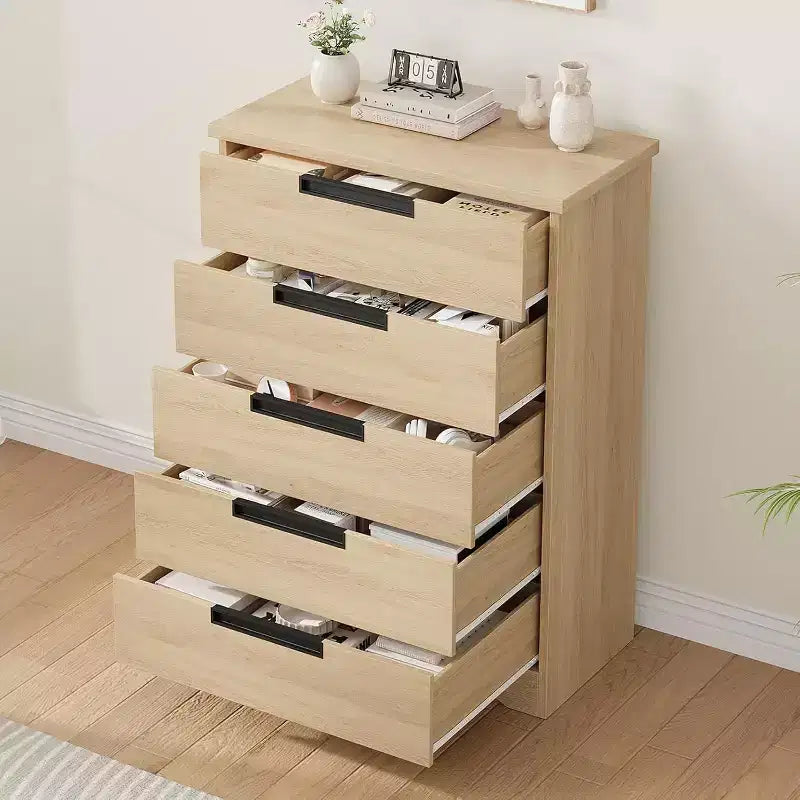 Commode à 5 tiroirs pour chambre à coucher, commode de rangement naturelle avec poignées intégrées, organisateur de tiroirs en bois pour salon, chambre d'enfant, couloir