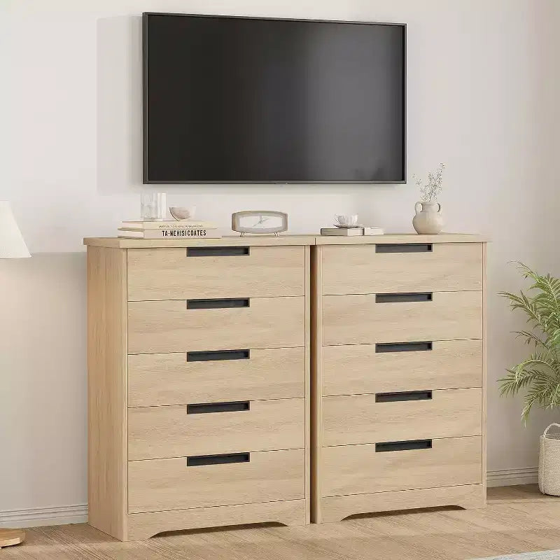 Commode à 5 tiroirs pour chambre à coucher, commode de rangement naturelle avec poignées intégrées, organisateur de tiroirs en bois pour salon, chambre d'enfant, couloir