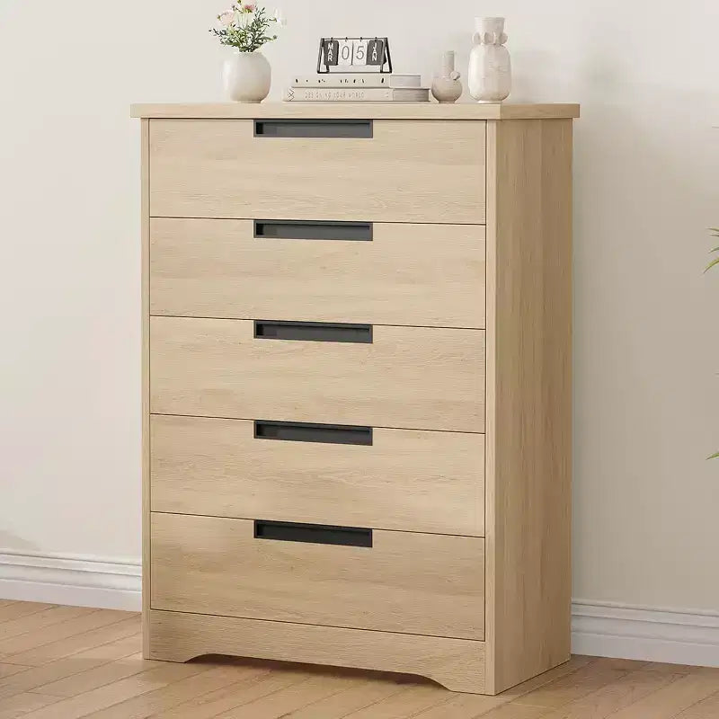 Commode à 5 tiroirs pour chambre à coucher, commode de rangement naturelle avec poignées intégrées, organisateur de tiroirs en bois pour salon, chambre d'enfant, couloir