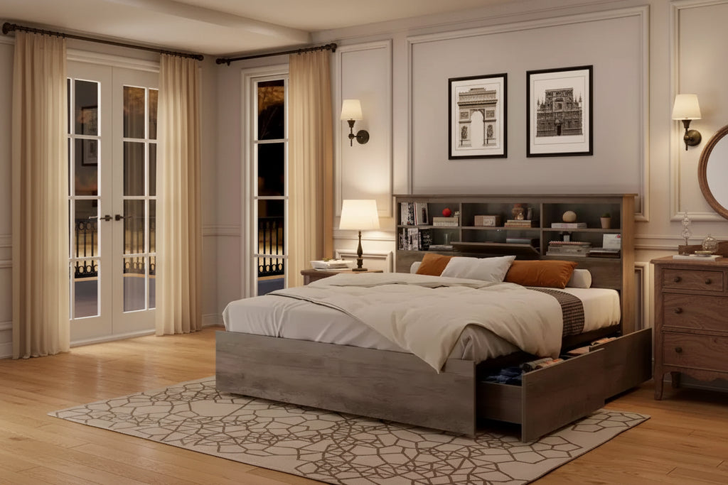 King Bed Frame with Storage Headboard - Platform Bed with 4 Drawers, Bookcase & Metal Slat Support, Grey