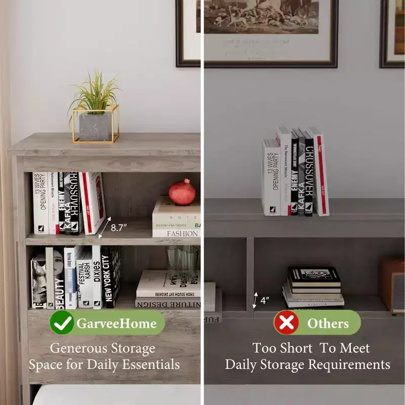 Lit King Size avec tête de lit de rangement - Lit plateforme avec 4 tiroirs, bibliothèque et support à lattes métalliques, gris