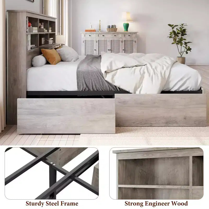 Lit King Size avec tête de lit de rangement - Lit plateforme avec 4 tiroirs, bibliothèque et support à lattes métalliques, gris