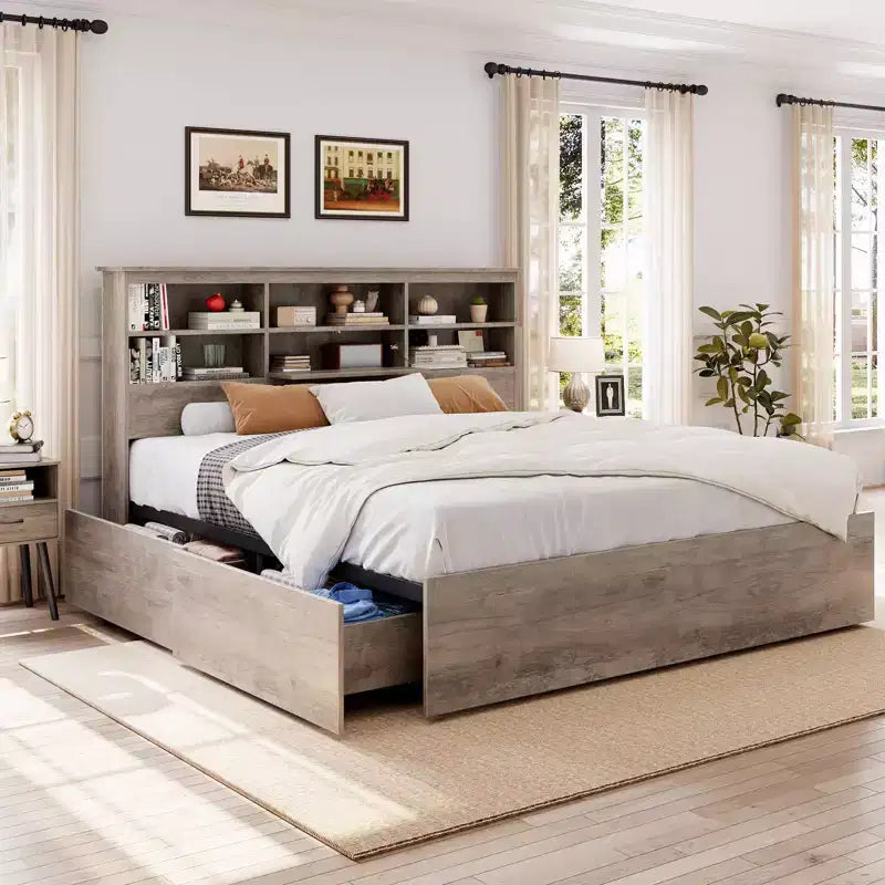 Lit King Size avec tête de lit de rangement - Lit plateforme avec 4 tiroirs, bibliothèque et support à lattes métalliques, gris
