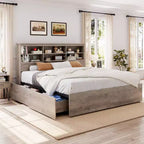 Lit King Size avec tête de lit de rangement - Lit plateforme avec 4 tiroirs, bibliothèque et support à lattes métalliques, gris