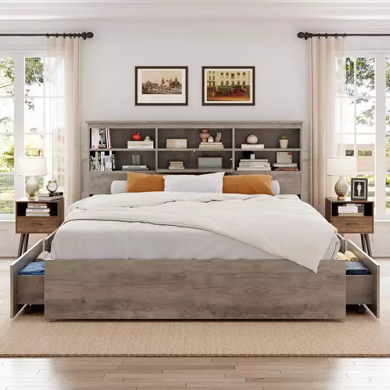 Lit King Size avec tête de lit de rangement - Lit plateforme avec 4 tiroirs, bibliothèque et support à lattes métalliques, gris