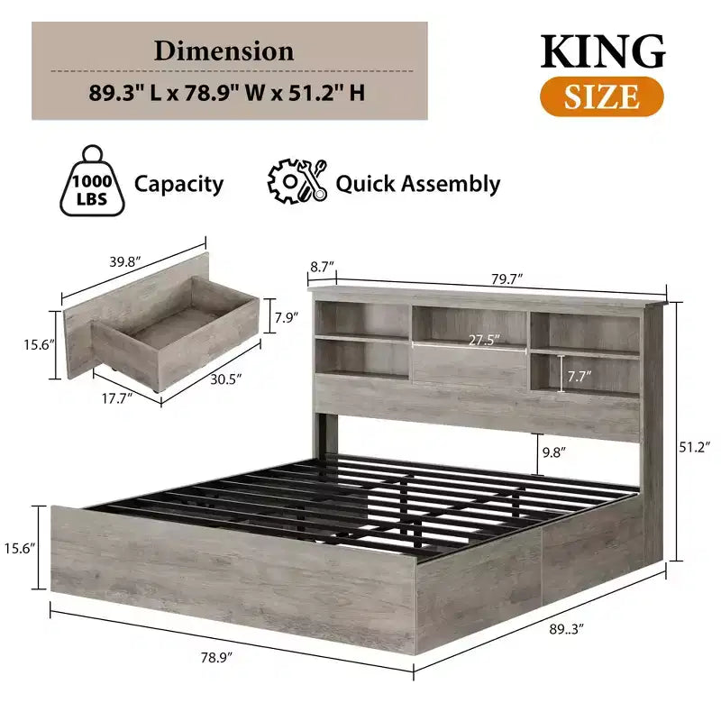 Lit King Size avec tête de lit de rangement - Lit plateforme avec 4 tiroirs, bibliothèque et support à lattes métalliques, gris