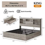 Lit King Size avec tête de lit de rangement - Lit plateforme avec 4 tiroirs, bibliothèque et support à lattes métalliques, gris