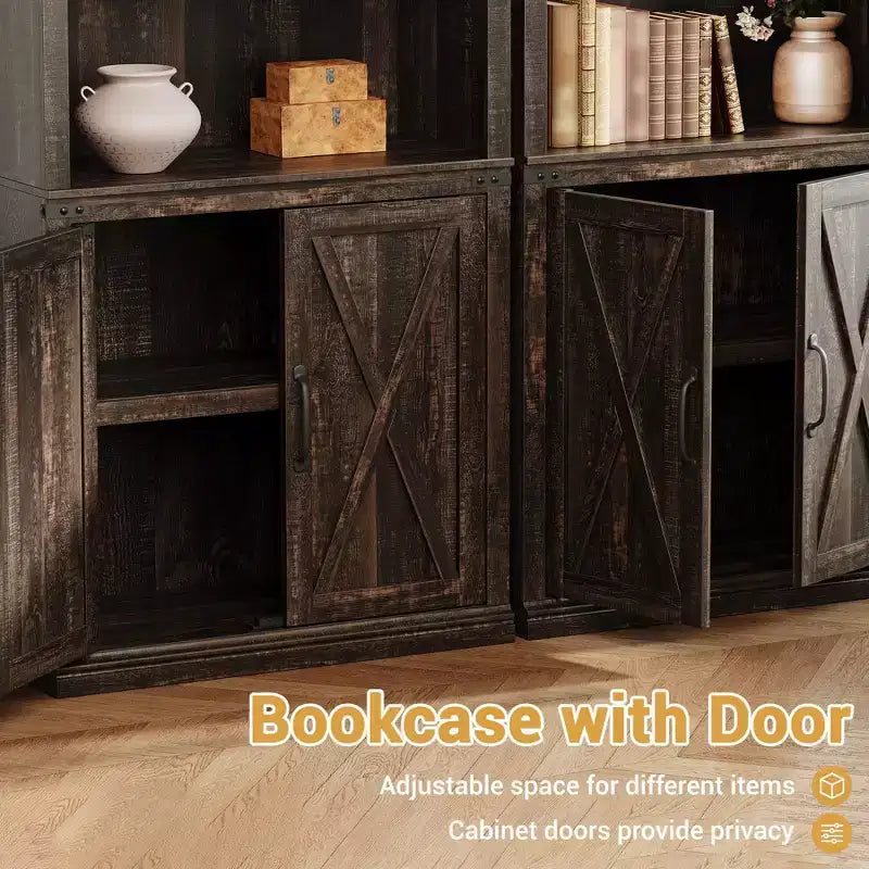 Bibliothèque de ferme avec porte, étagère en bois à 5 niveaux avec rangement, étagère d'exposition de 174,5 cm de haut pour salon, bureau à domicile