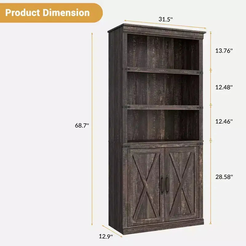 Bibliothèque de ferme avec porte, étagère en bois à 5 niveaux avec rangement, étagère d'exposition de 174,5 cm de haut pour salon, bureau à domicile