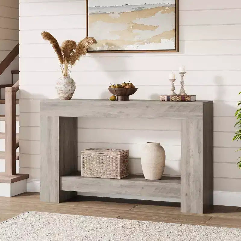 Console de ferme 47 po avec 2 niveaux et rangement - Grande table de canapé en bois pour entrée, couloir et salon