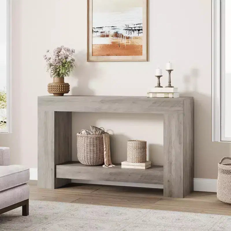 Console de ferme 47 po avec 2 niveaux et rangement - Grande table de canapé en bois pour entrée, couloir et salon