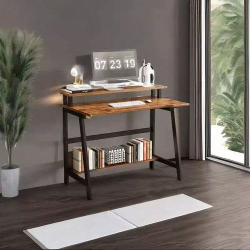 Bureau d'ordinateur 31,5" avec tiroir, support d'écran, classeur, étagères et crochets, table de travail pour bureau à domicile, marron