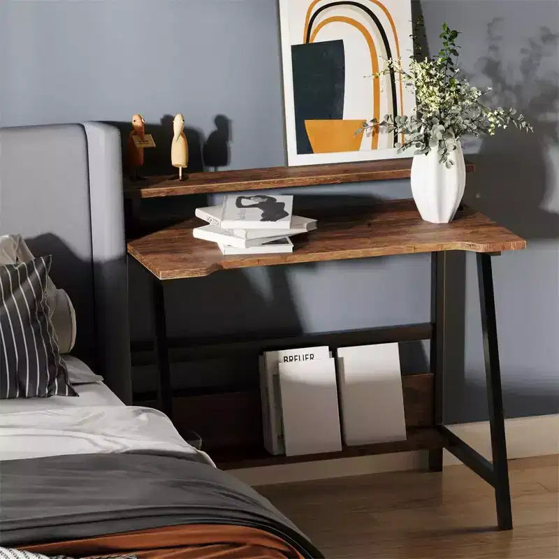 Bureau d'ordinateur 31,5" avec tiroir, support d'écran, classeur, étagères et crochets, table de travail pour bureau à domicile, marron