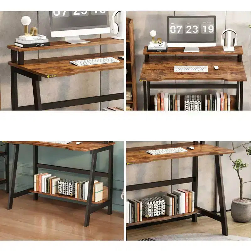 Bureau d'ordinateur 31,5" avec tiroir, support d'écran, classeur, étagères et crochets, table de travail pour bureau à domicile, marron