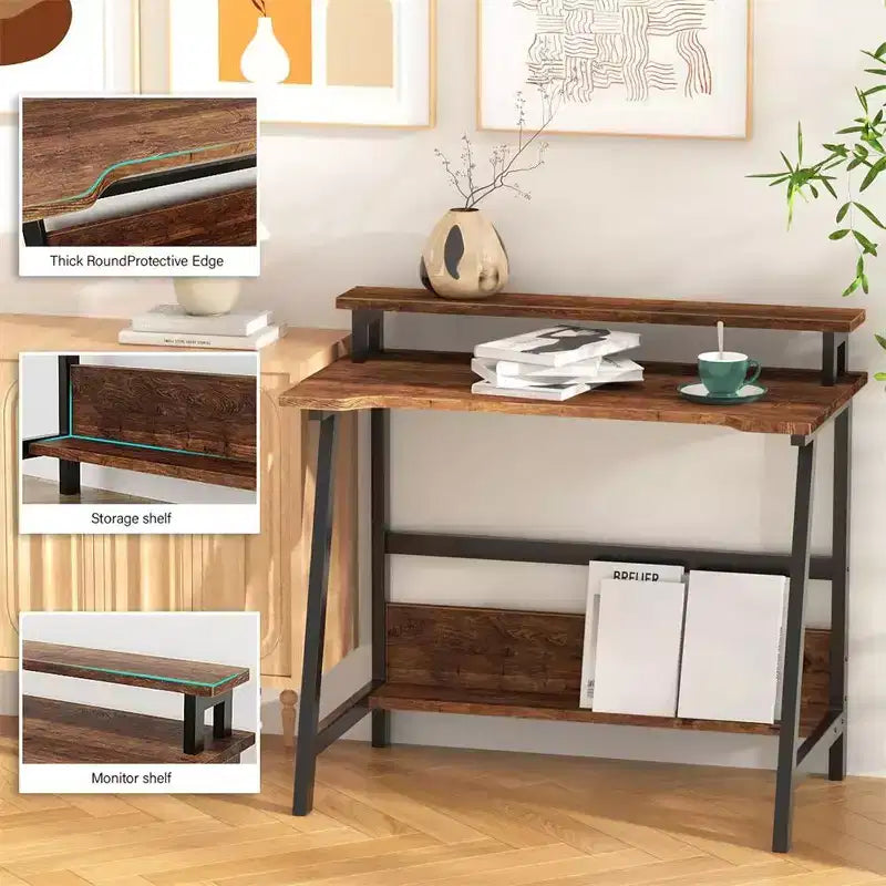 Bureau d'ordinateur 31,5" avec tiroir, support d'écran, classeur, étagères et crochets, table de travail pour bureau à domicile, marron