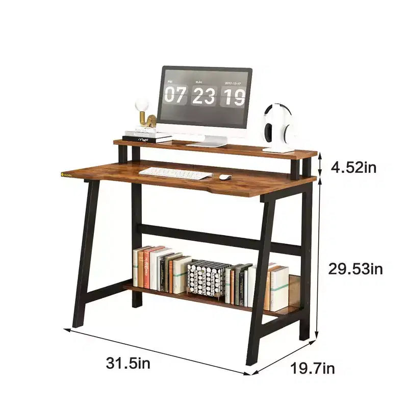 Bureau d'ordinateur 31,5" avec tiroir, support d'écran, classeur, étagères et crochets, table de travail pour bureau à domicile, marron