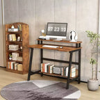 Bureau d'ordinateur 31,5" avec tiroir, support d'écran, classeur, étagères et crochets, table de travail pour bureau à domicile, marron