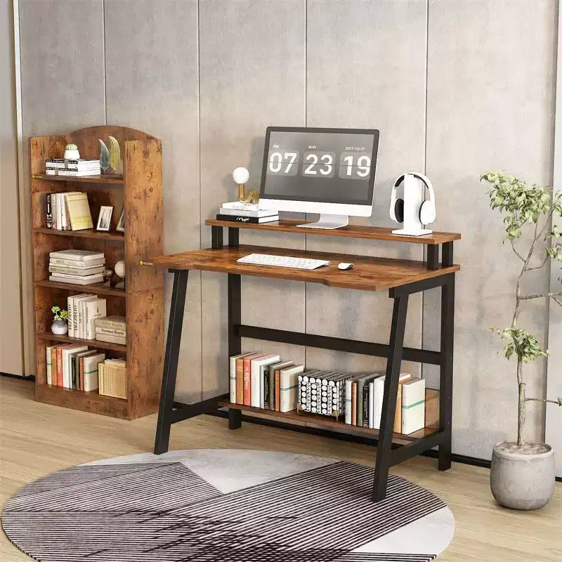 Bureau d'ordinateur 31,5" avec tiroir, support d'écran, classeur, étagères et crochets, table de travail pour bureau à domicile, marron