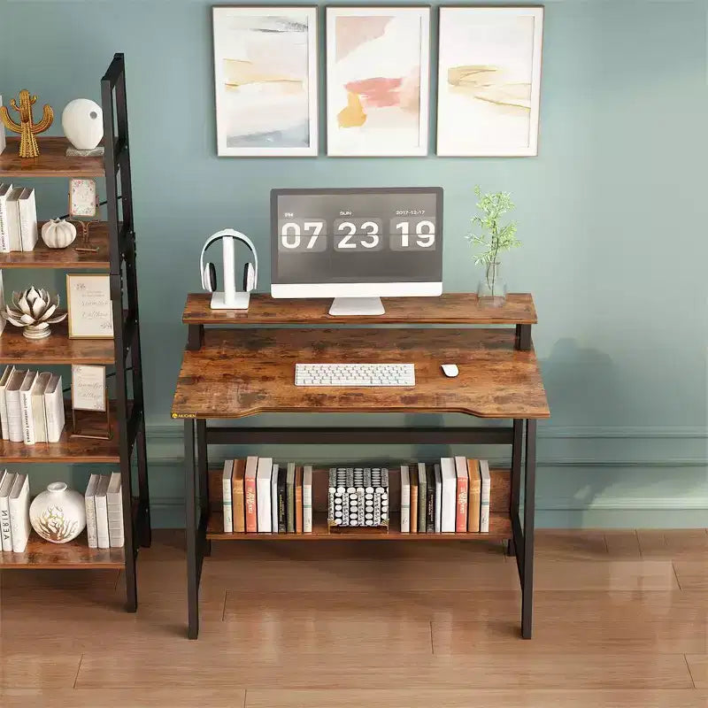 Bureau d'ordinateur 31,5" avec tiroir, support d'écran, classeur, étagères et crochets, table de travail pour bureau à domicile, marron