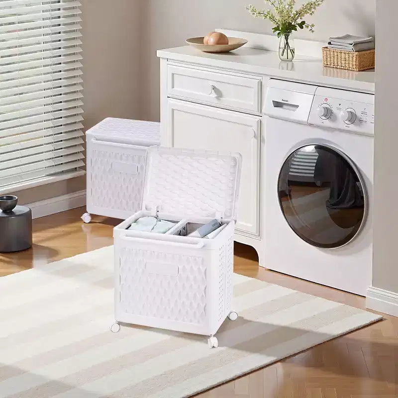 Panier à linge avec roues et couvercle, panier à linge en plastique avec poignée, bac à linge roulant pour buanderie ou salle de bain, blanc