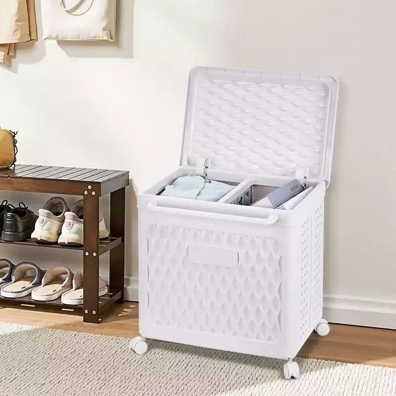 Panier à linge avec roues et couvercle, panier à linge en plastique avec poignée, bac à linge roulant pour buanderie ou salle de bain, blanc