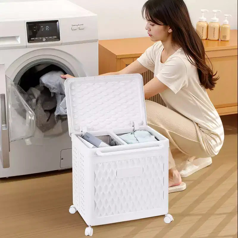 Panier à linge avec roues et couvercle, panier à linge en plastique avec poignée, bac à linge roulant pour buanderie ou salle de bain, blanc