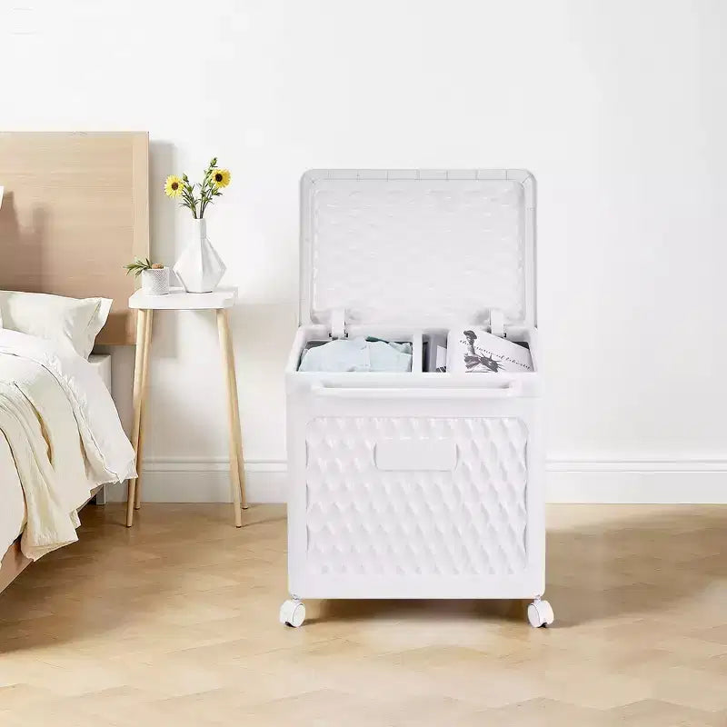 Panier à linge avec roues et couvercle, panier à linge en plastique avec poignée, bac à linge roulant pour buanderie ou salle de bain, blanc