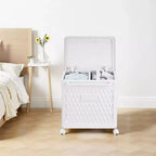 Panier à linge avec roues et couvercle, panier à linge en plastique avec poignée, bac à linge roulant pour buanderie ou salle de bain, blanc