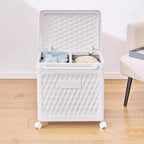 Panier à linge avec roues et couvercle, panier à linge en plastique avec poignée, bac à linge roulant pour buanderie ou salle de bain, blanc