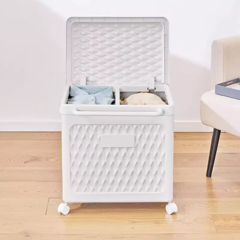Panier à linge avec roues et couvercle, panier à linge en plastique avec poignée, bac à linge roulant pour buanderie ou salle de bain, blanc