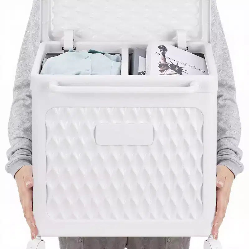 Panier à linge avec roues et couvercle, panier à linge en plastique avec poignée, bac à linge roulant pour buanderie ou salle de bain, blanc