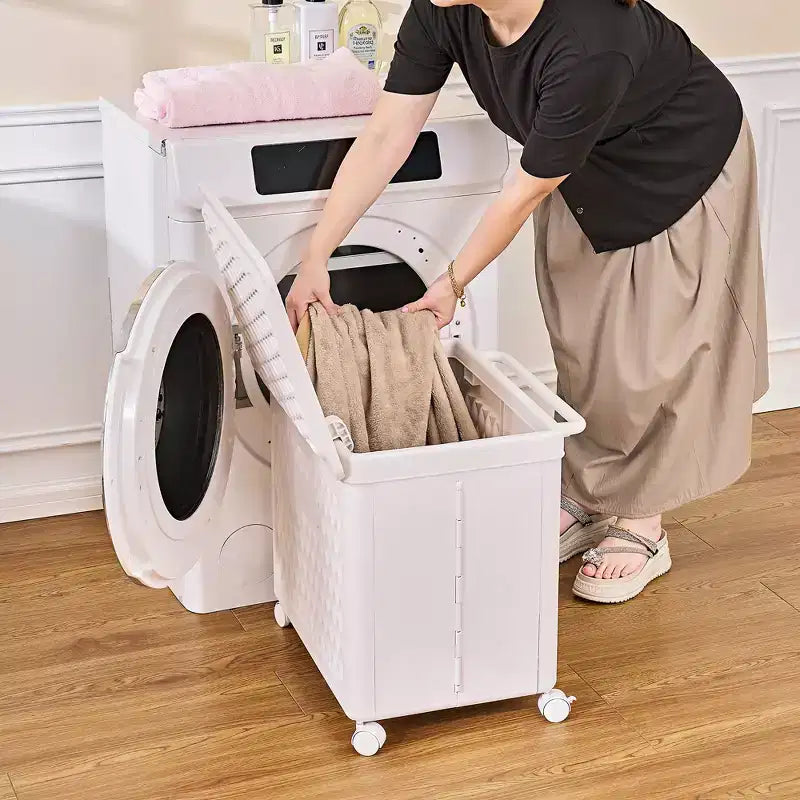Panier à linge avec roues et couvercle, panier à linge en plastique avec poignée, bac à linge roulant pour buanderie ou salle de bain, blanc