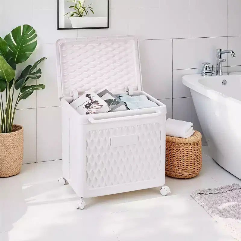 Panier à linge avec roues et couvercle, panier à linge en plastique avec poignée, bac à linge roulant pour buanderie ou salle de bain, blanc