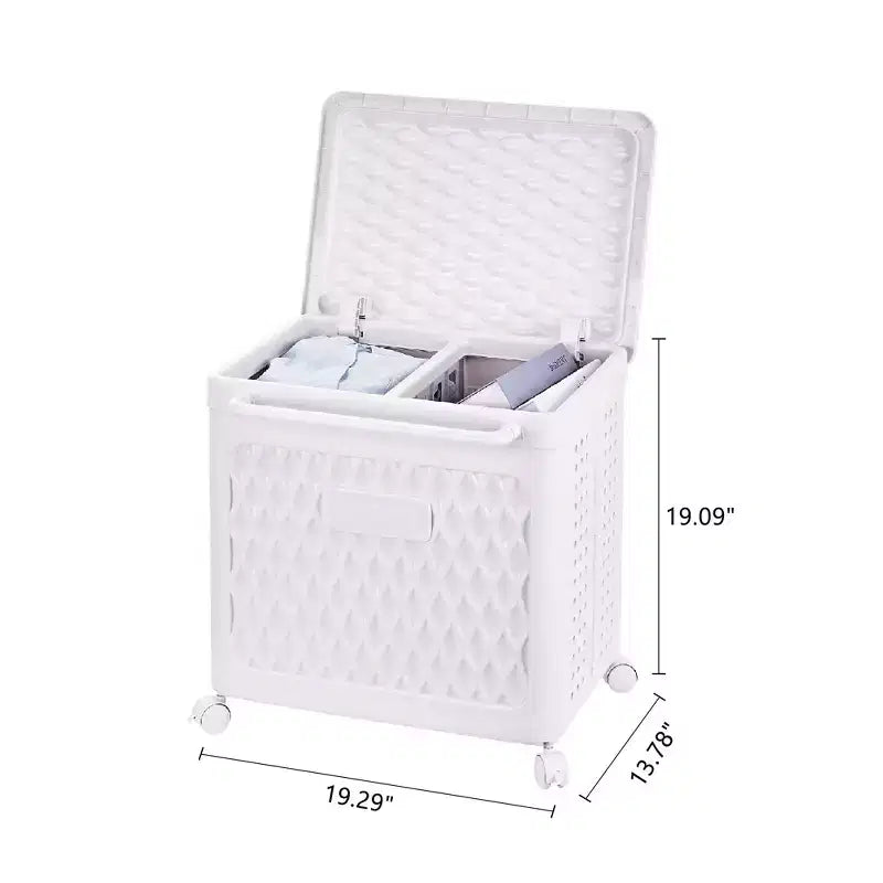 Panier à linge avec roues et couvercle, panier à linge en plastique avec poignée, bac à linge roulant pour buanderie ou salle de bain, blanc