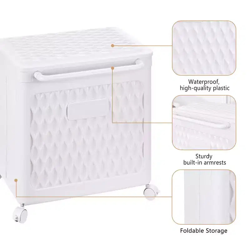 Panier à linge avec roues et couvercle, panier à linge en plastique avec poignée, bac à linge roulant pour buanderie ou salle de bain, blanc