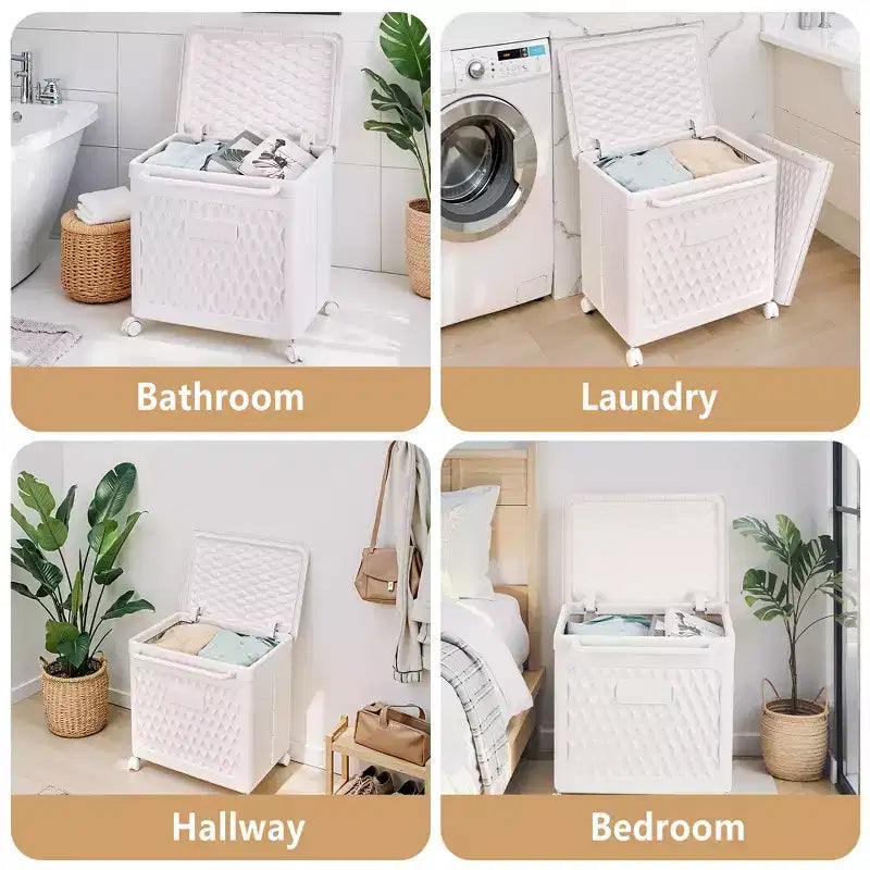 Panier à linge avec roues et couvercle, panier à linge en plastique avec poignée, bac à linge roulant pour buanderie ou salle de bain, blanc