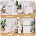 Panier à linge avec roues et couvercle, panier à linge en plastique avec poignée, bac à linge roulant pour buanderie ou salle de bain, blanc