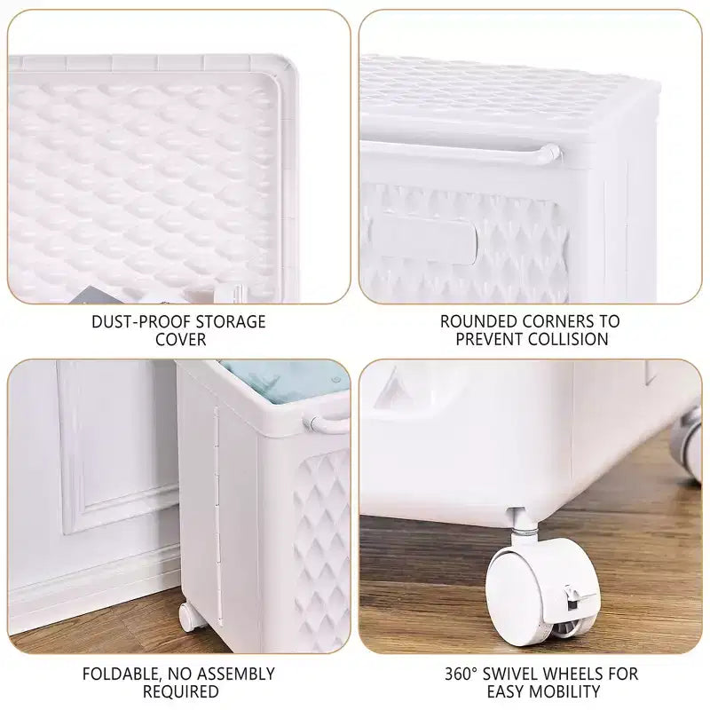 Panier à linge avec roues et couvercle, panier à linge en plastique avec poignée, bac à linge roulant pour buanderie ou salle de bain, blanc