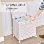 Panier à linge avec roues et couvercle, panier à linge en plastique avec poignée, bac à linge roulant pour buanderie ou salle de bain, blanc