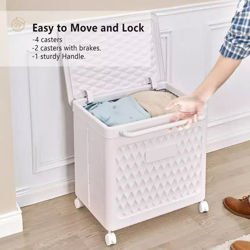 Panier à linge avec roues et couvercle, panier à linge en plastique avec poignée, bac à linge roulant pour buanderie ou salle de bain, blanc