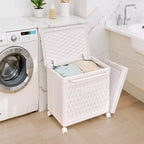 Panier à linge avec roues et couvercle, panier à linge en plastique avec poignée, bac à linge roulant pour buanderie ou salle de bain, blanc