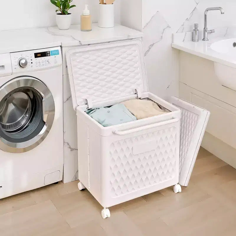 Panier à linge avec roues et couvercle, panier à linge en plastique avec poignée, bac à linge roulant pour buanderie ou salle de bain, blanc