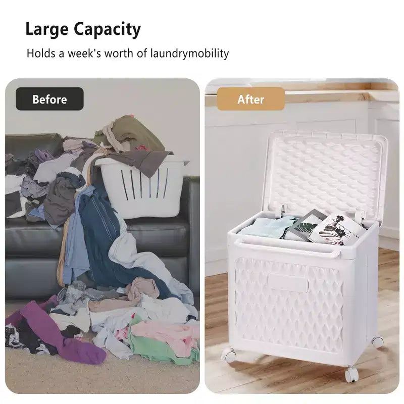 Panier à linge avec roues et couvercle, panier à linge en plastique avec poignée, bac à linge roulant pour buanderie ou salle de bain, blanc